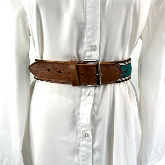 Handmade Leather Belt Woven Tribal Animal Motifs Green Tan - Picture 2 of 8